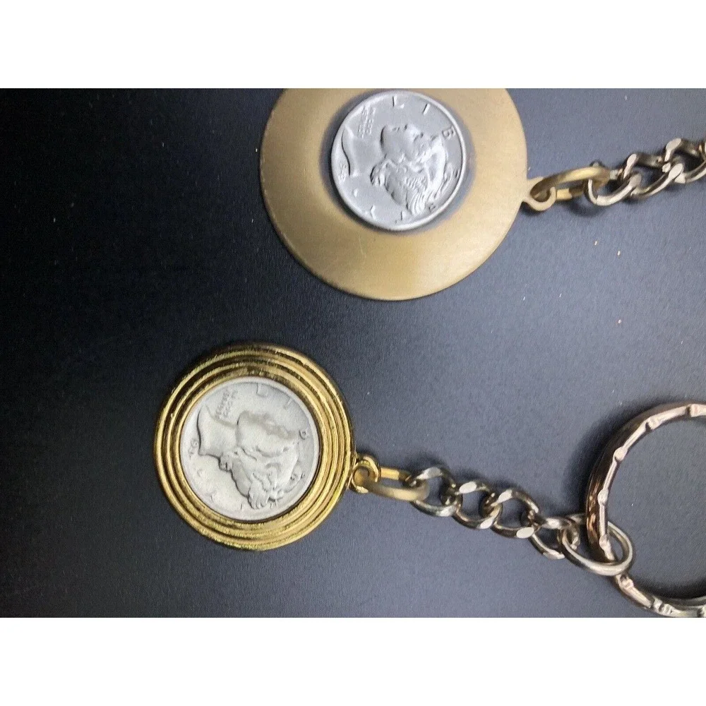 Lot Of 4 Liberty Dimes Coin In Vintage Gold-tone Keychains‎ Antique Coin